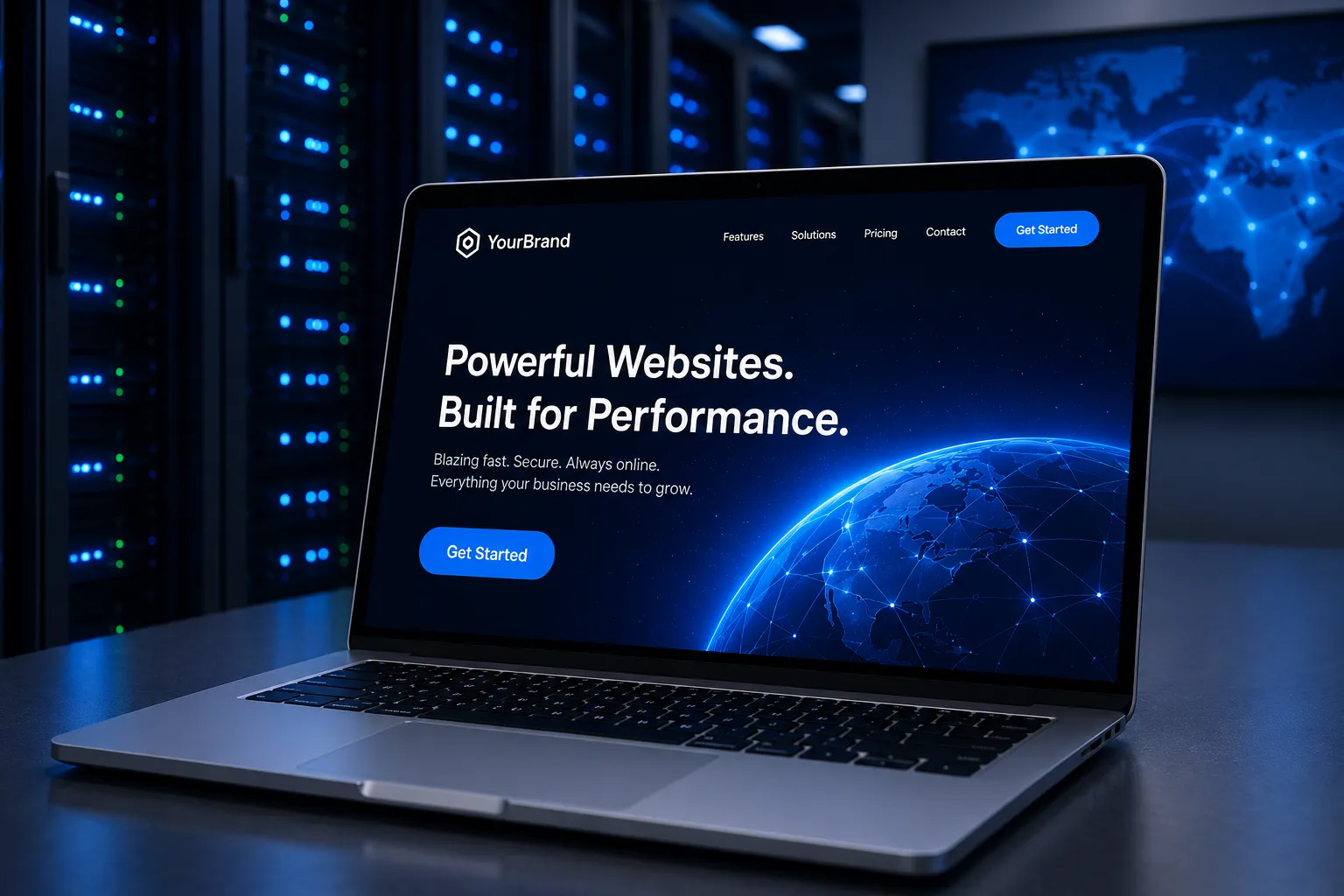 Laptop on desk showing website with headline Powerful Websites. Built for Performance. and blue glowing globe.