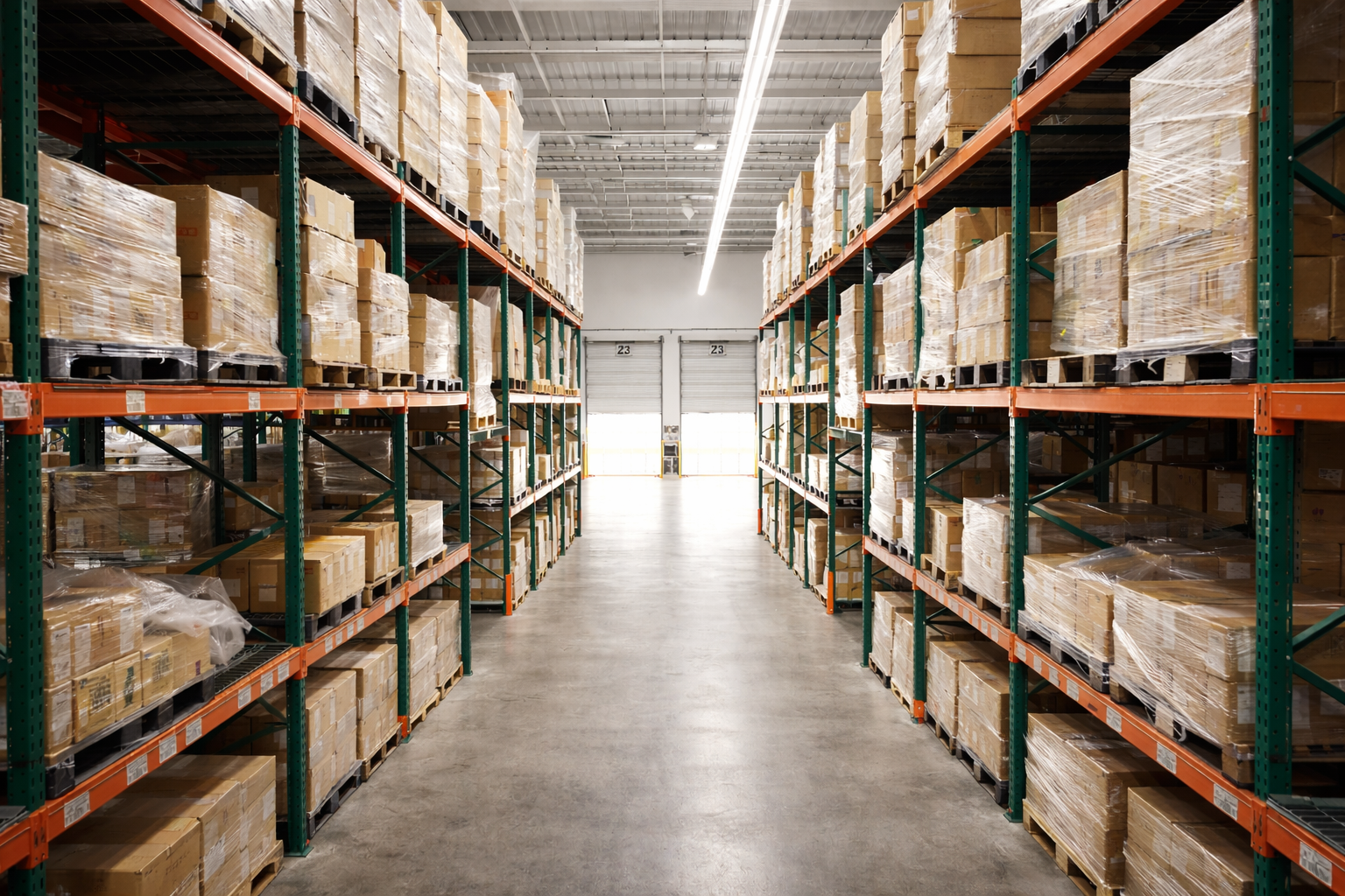 Stride Logistics fulfillment warehouse in Rowland Heights Los Angeles with stacked pallets and inventory on shelving