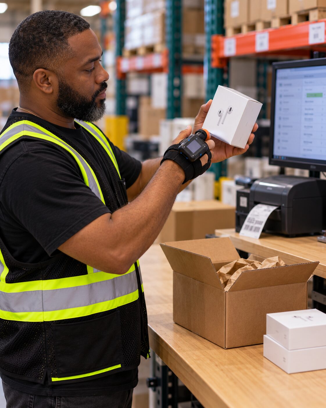 Associate scanning a boxed electronics item at a pack station before shipping from Stride Logistics