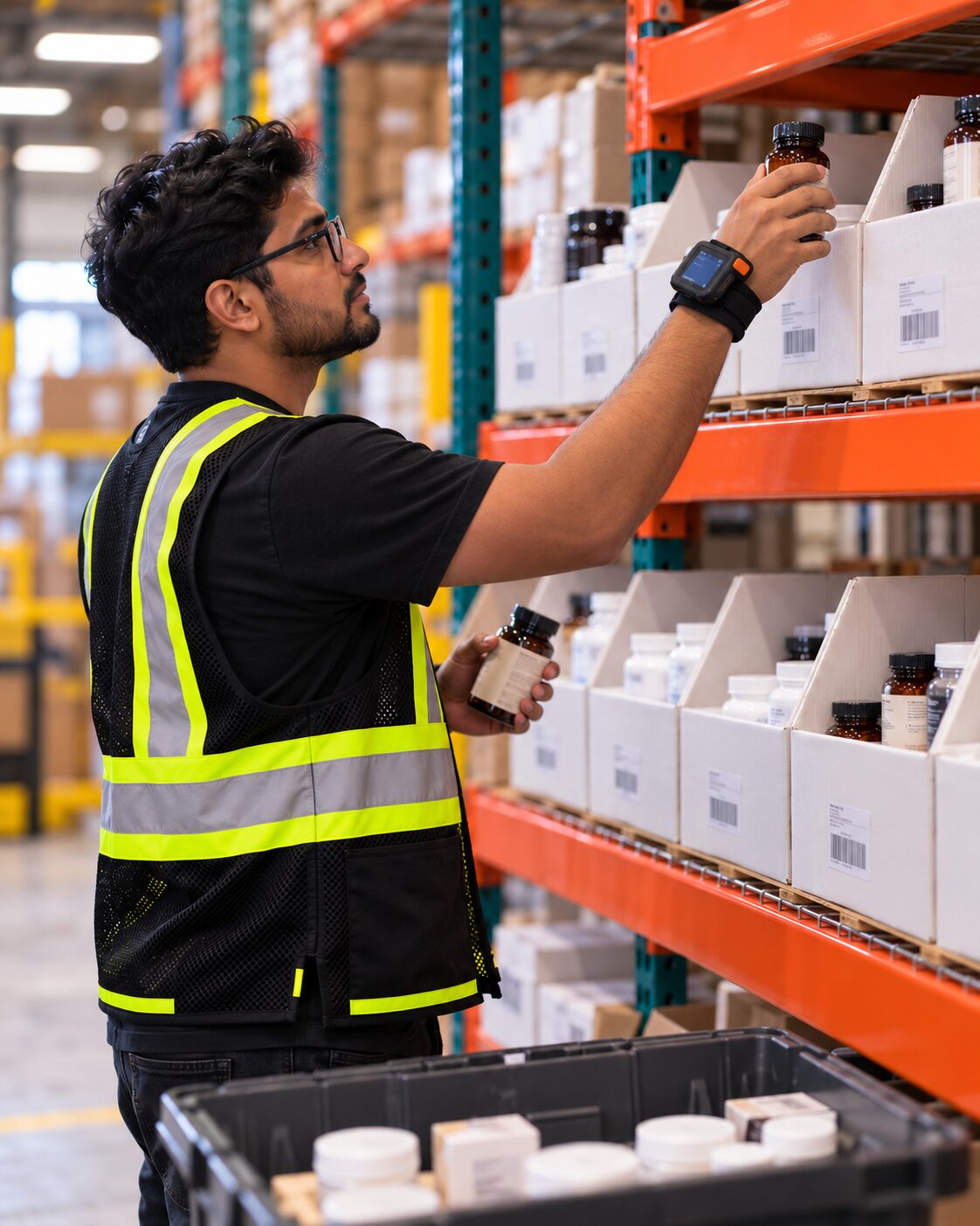 Warehouse associate picking an amber supplement bottle from a labeled bin at Stride Logistics' Los Angeles fulfillment center