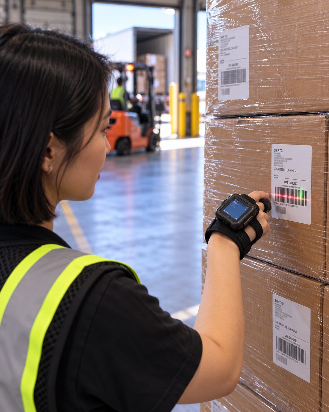 Associate scanning a 4x6 shipping label on a palletized retail order at the Stride Logistics loading dock