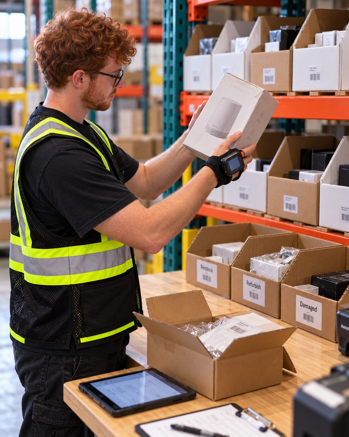 Returns associate inspecting a returned item beside restock, refurbish and damaged sorting bins at Stride Logistics