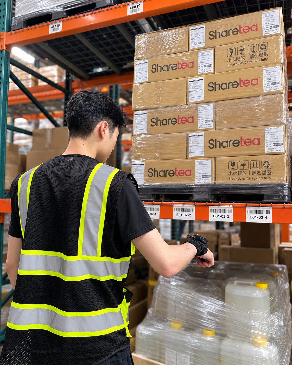 Associate scanning a pallet of Sharetea cases on racking in Stride Logistics' FDA-registered Los Angeles warehouse