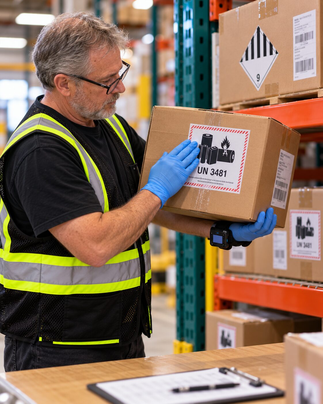 Associate applying a UN 3481 lithium battery label to a carton in Stride Logistics' hazmat-certified warehouse