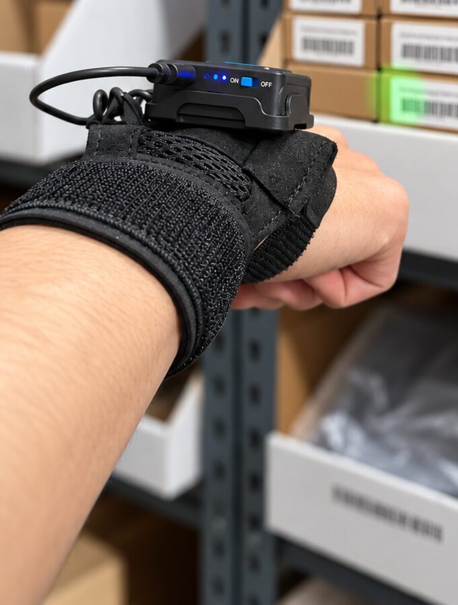 Wrist-mounted ring scanner reading a lot-labeled carton in a storage bin at Stride Logistics