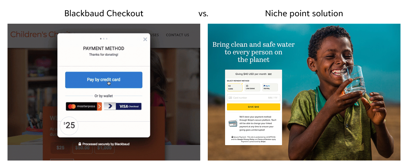 Side-by-side comparison of legacy Blackbaud checkout versus best-in-class donation flows showing gap in UX quality