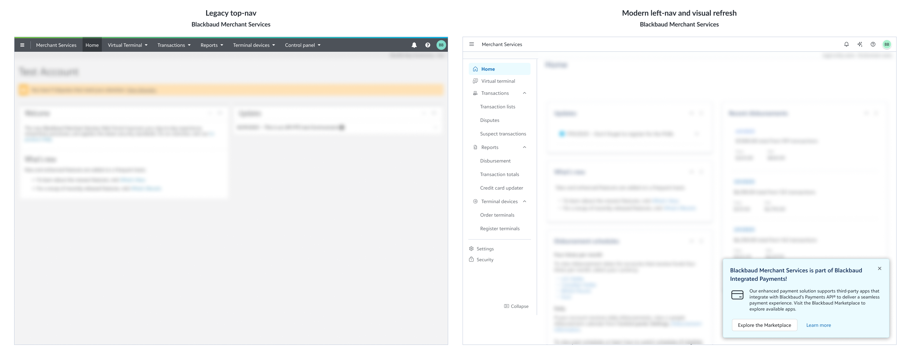 Visual refresh of Blackbaud Merchant Services portal showing before and after cross-product design system consistency