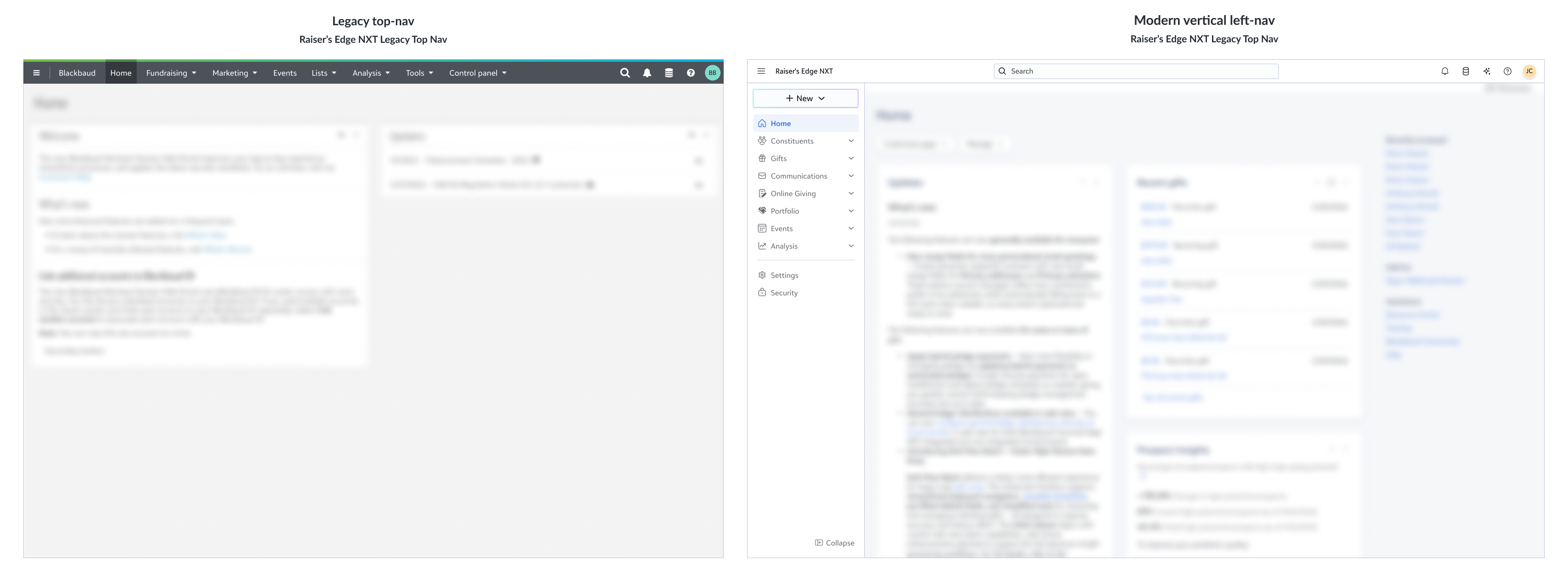 Before and after comparison: legacy top-bar navigation versus new left-hand vertical navigation in Raiser's Edge NXT CRM