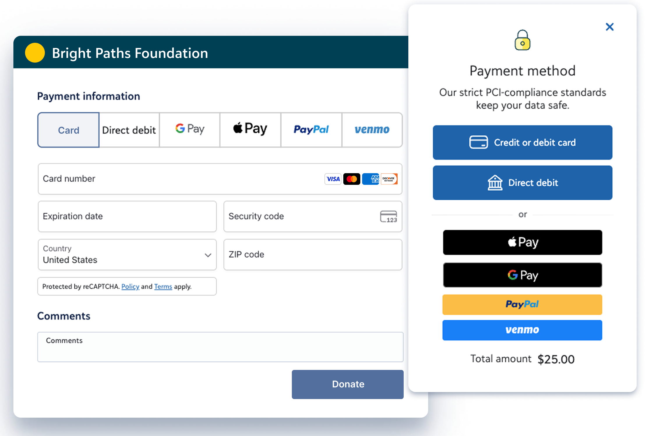 Upgraded modern Blackbaud checkout experience showing improved payment method selection and visual hierarchy