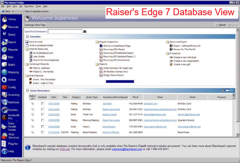 Screenshot of Raiser's Edge 7 legacy interface showing the outdated top-navigation layout competitors used to attack Blackbaud's market position