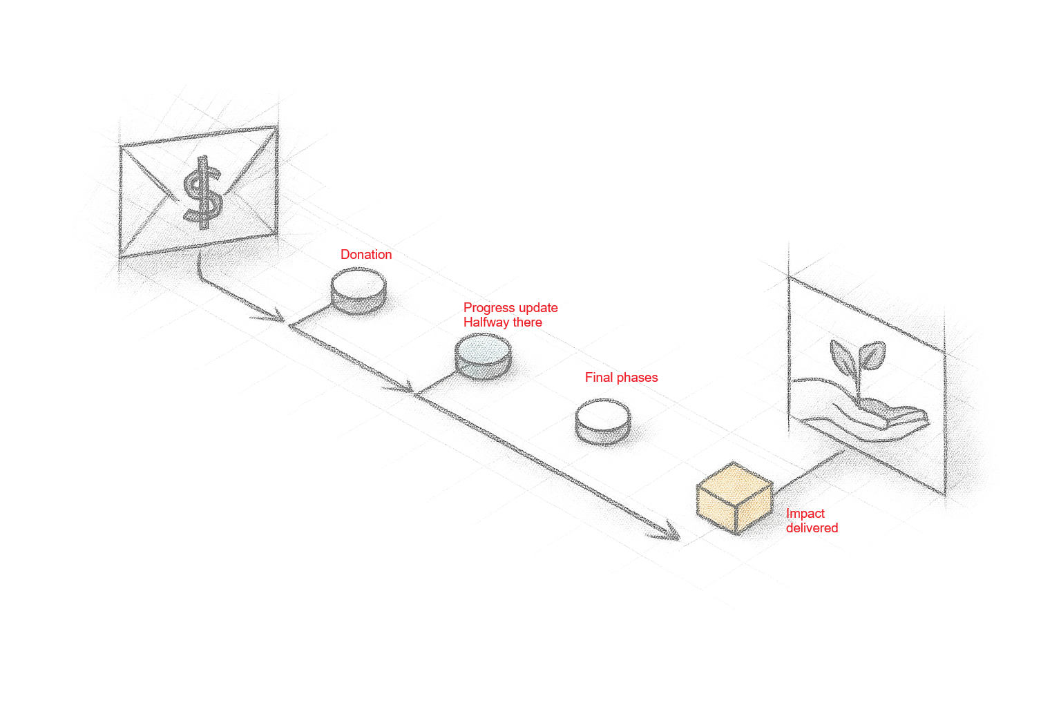 Donation impact tracker prototype modeled after FedEx package tracking — hackathon concept showing donation journey from gift to mission impact