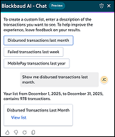 Blackbaud AI chat for creating transaction lists.
