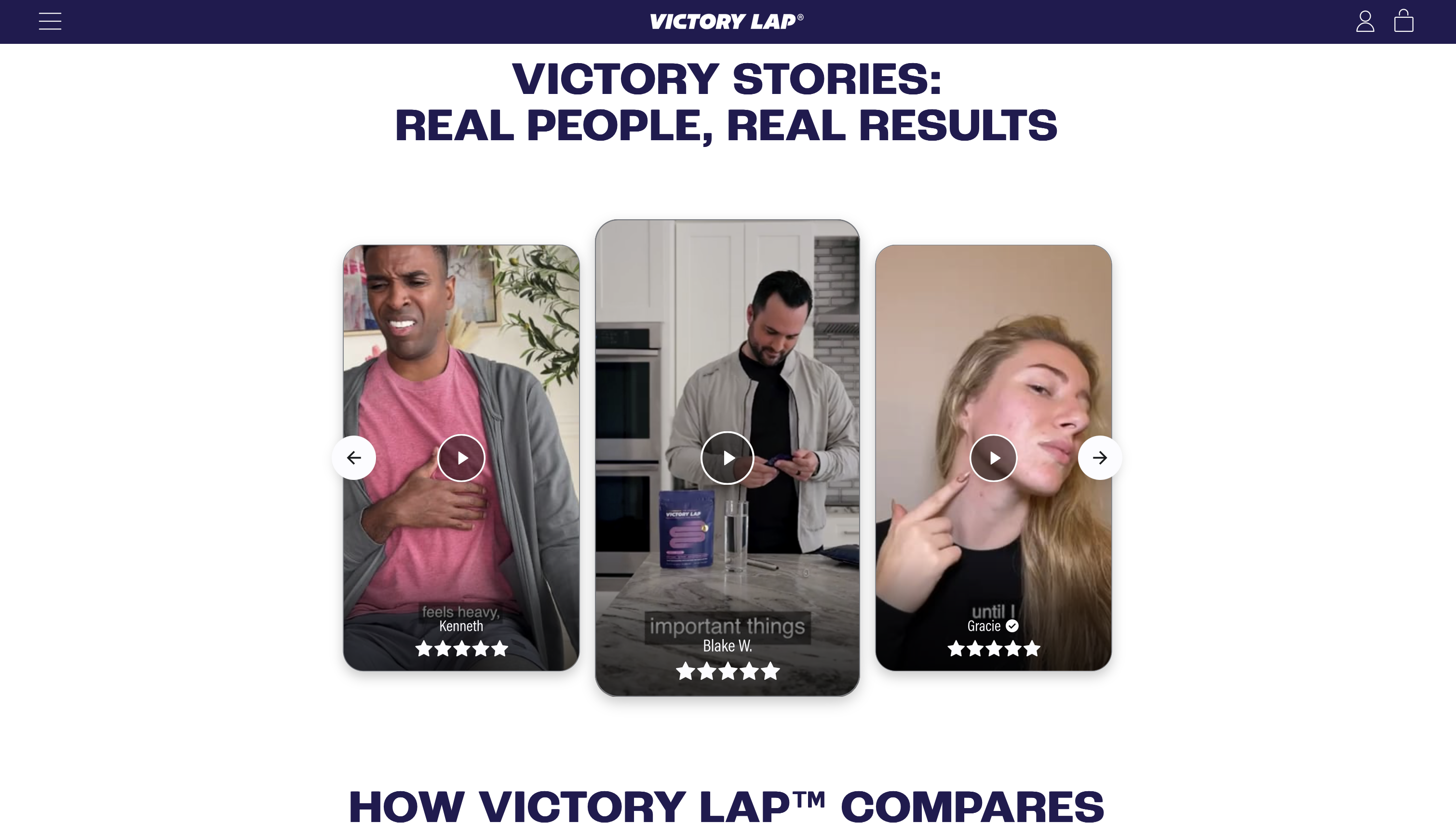 Victory Lap fiber supplement website with UGC content