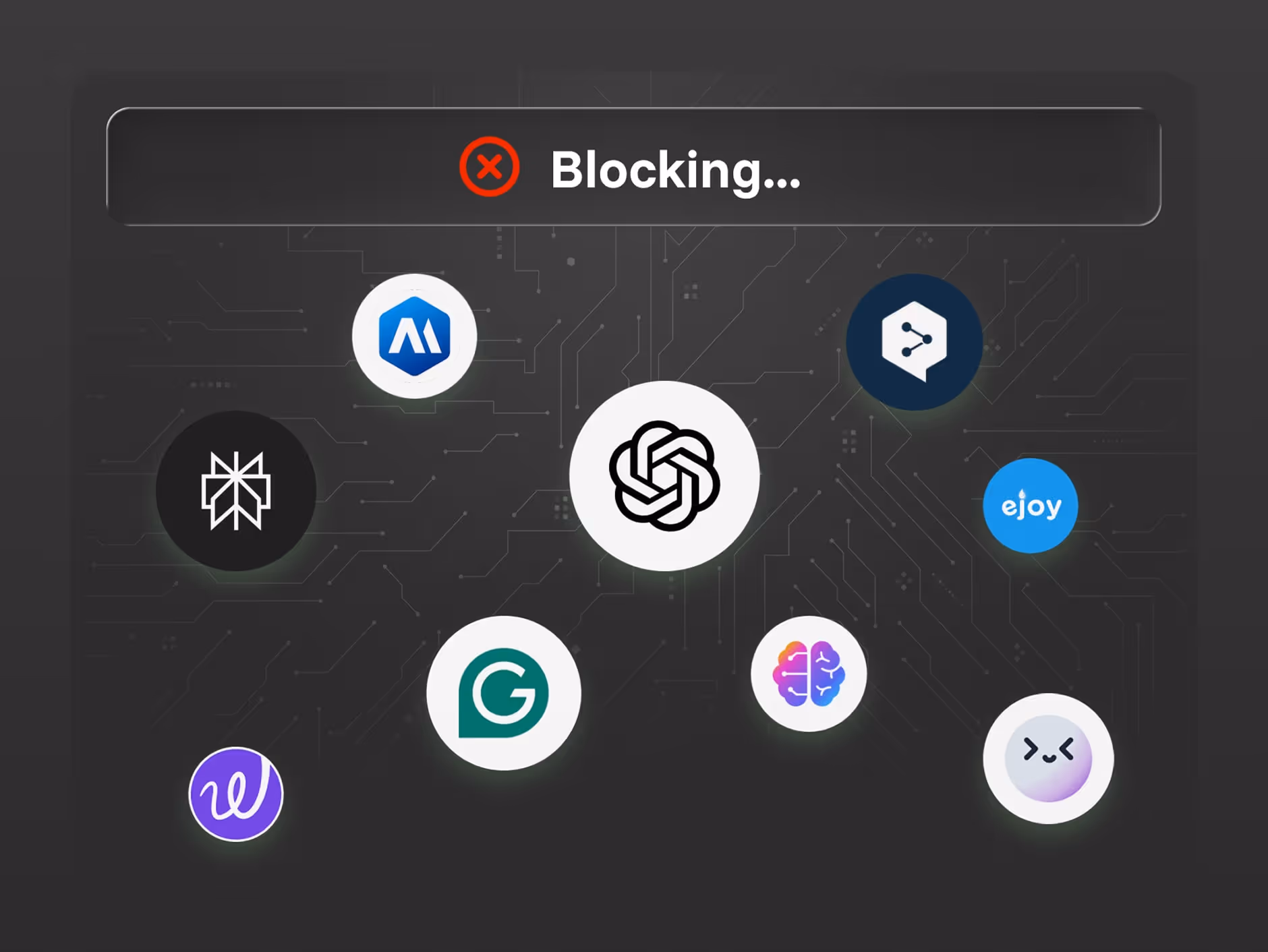 Interface showing AI logos being blocked with a red cross and 'Blocking...' text at top.