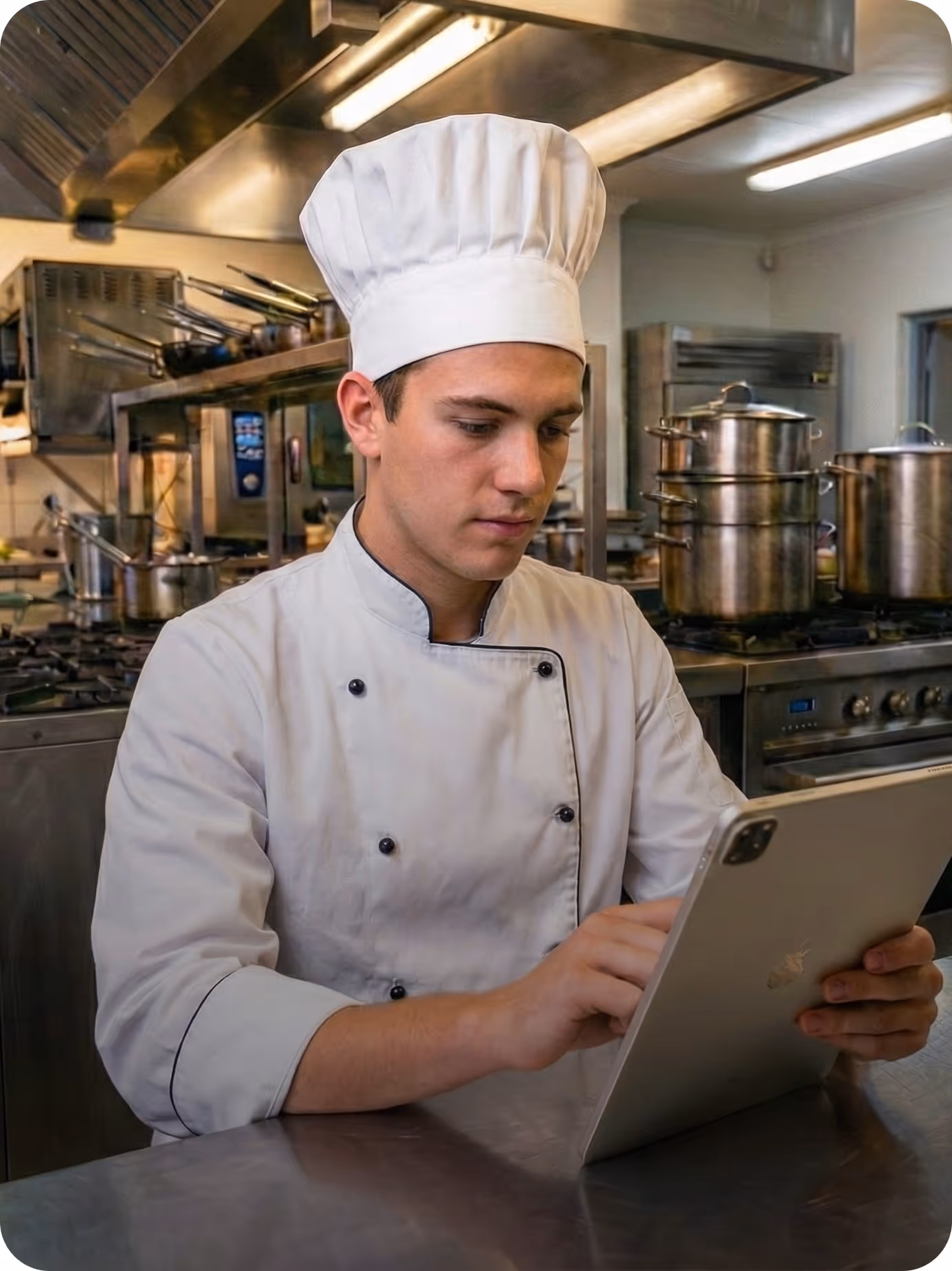 Chef in white uniform uses tablet in a commercial kitchen with stainless steel pots and appliances.