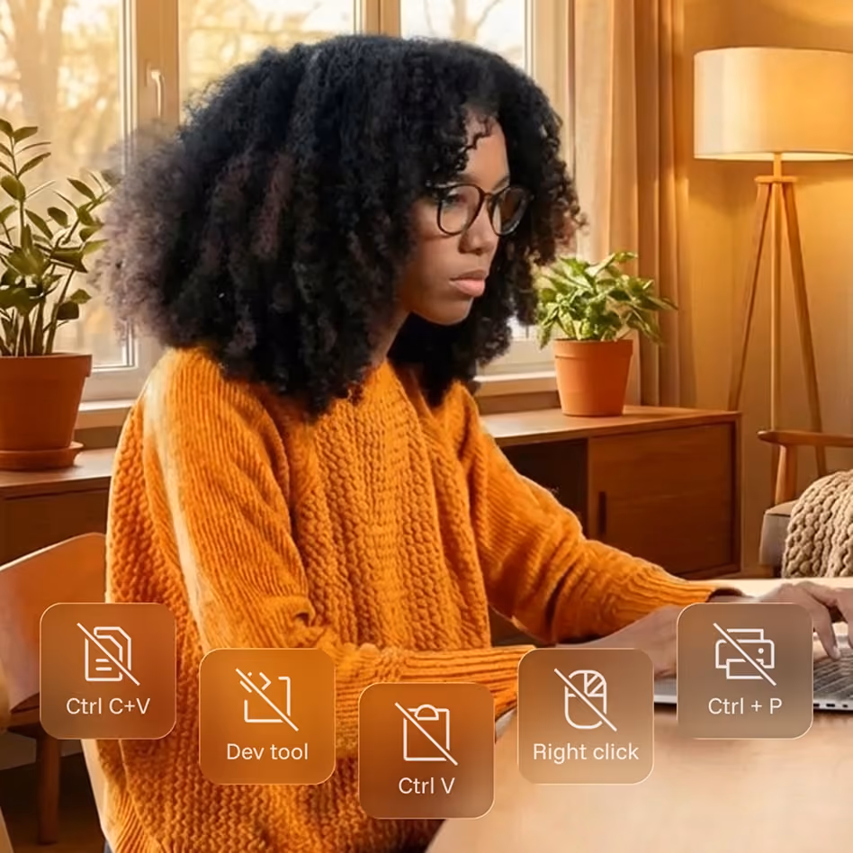 Woman in orange sweater typing on laptop at wooden desk in warm, well-lit room with plants and lamp.