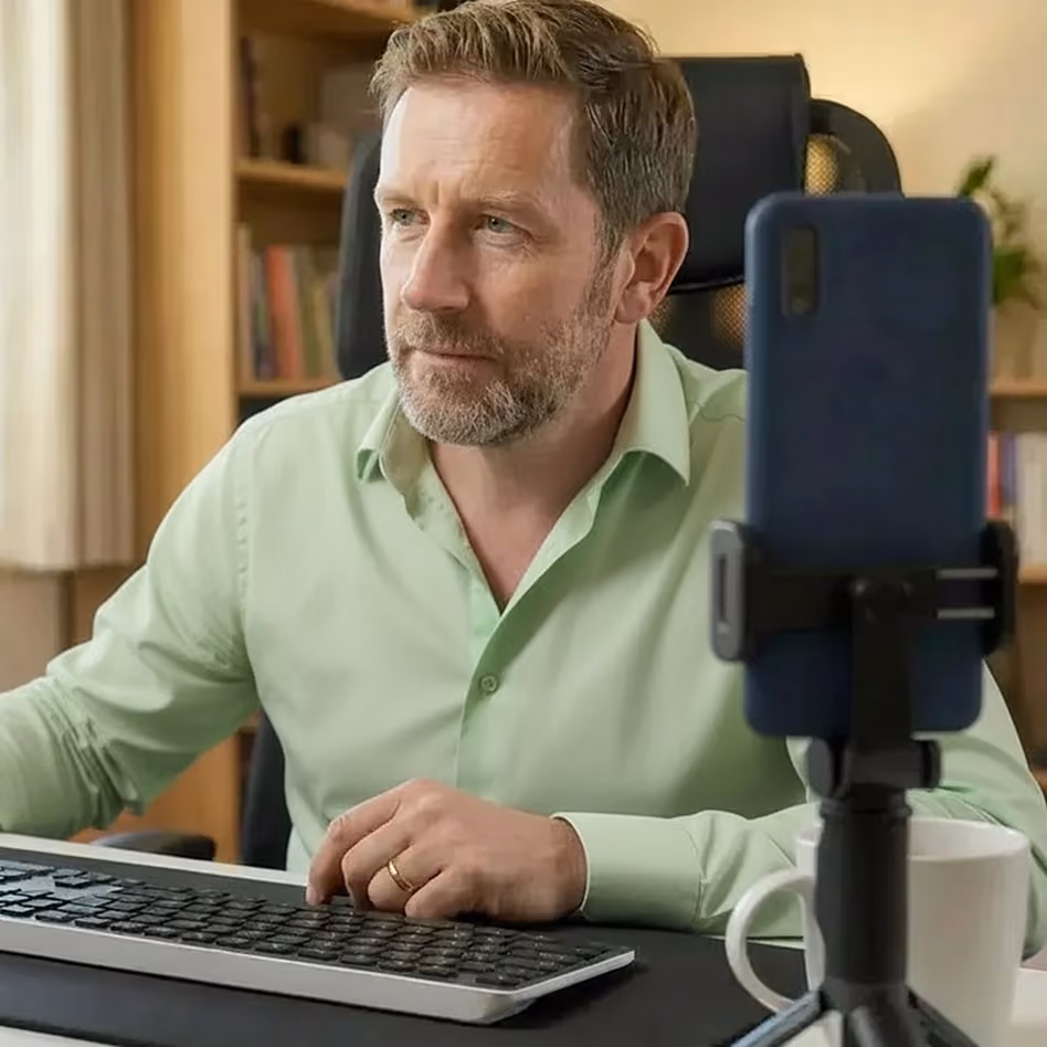A man in a green shirt sits at a desk with a keyboard, looking to the side during a video call.
