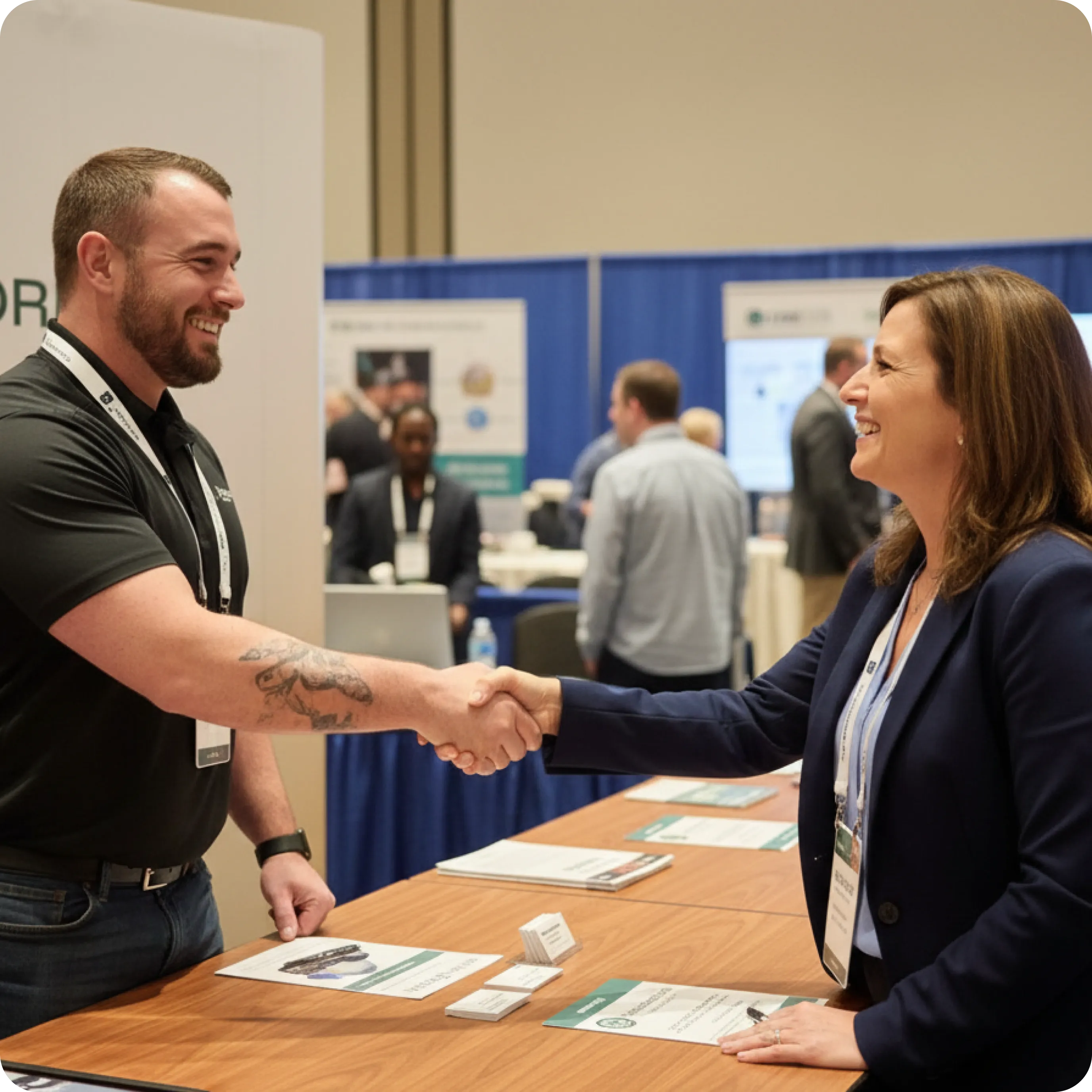 Man and woman warmly shaking hands across a wooden table at a professional event.