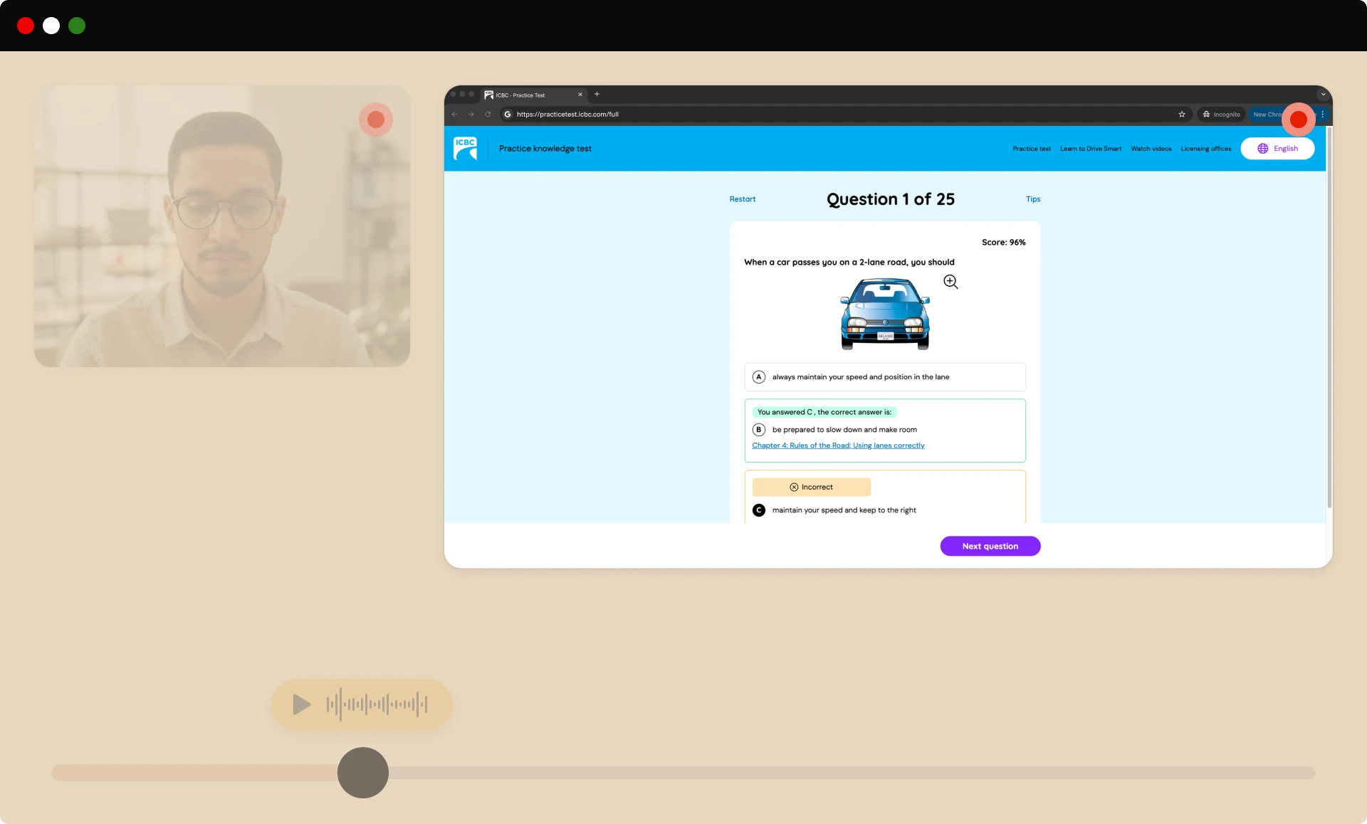 Computer screen shows an online driving test question with a man appearing on video camera.