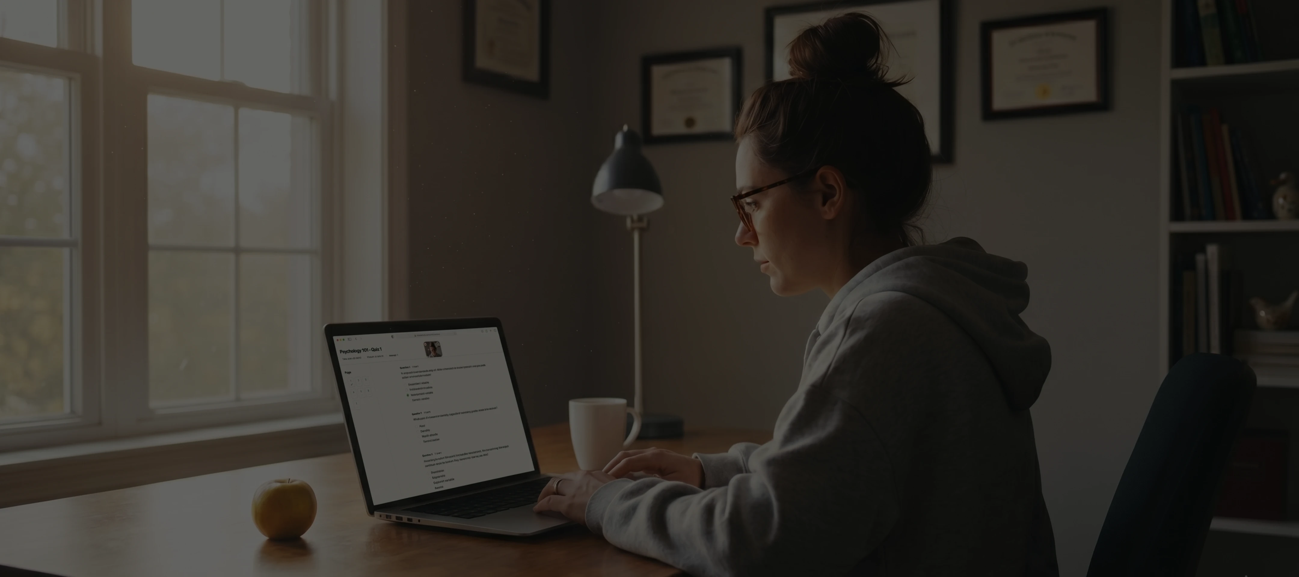 Person with glasses working on laptop at desk with apple and coffee cup near window in home office.