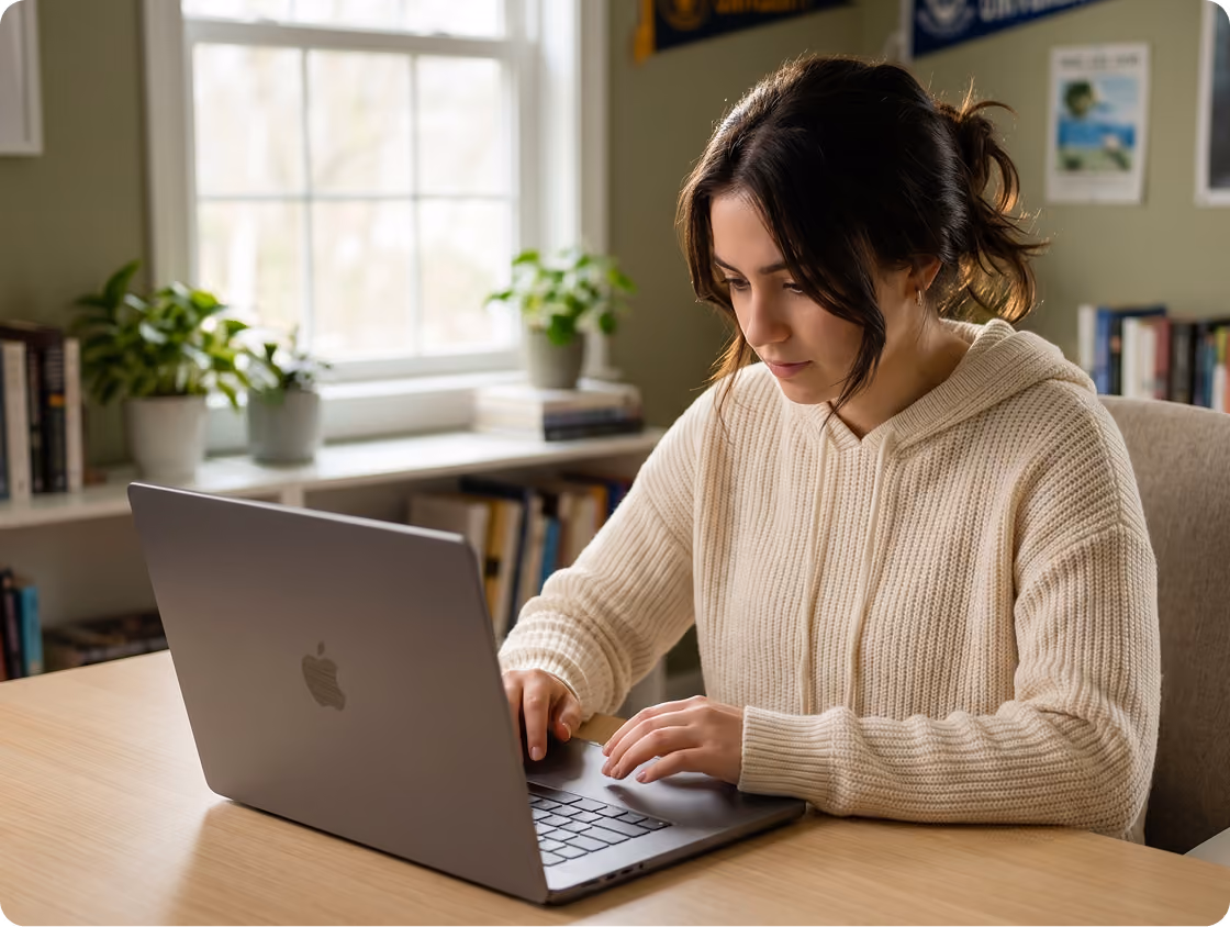 Young woman in a cream sweater working intently on a laptop at a wooden desk near a window.