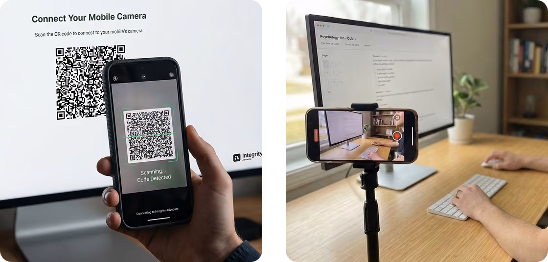 Scanning a QR code on a computer screen with a phone to connect the mobile camera for recording.
