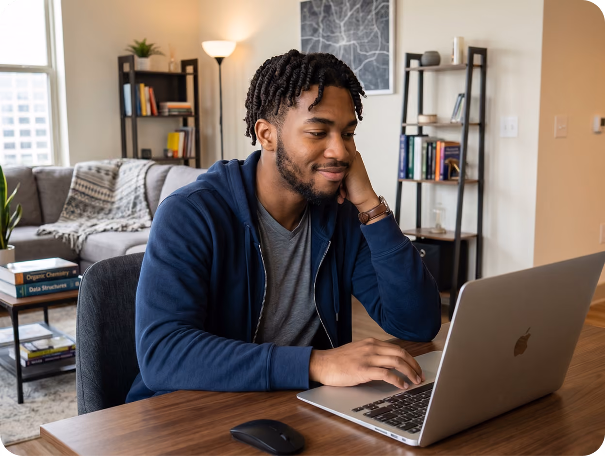 Man in blue hoodie sitting at desk using a laptop in a cozy living room with bookshelves and plants.