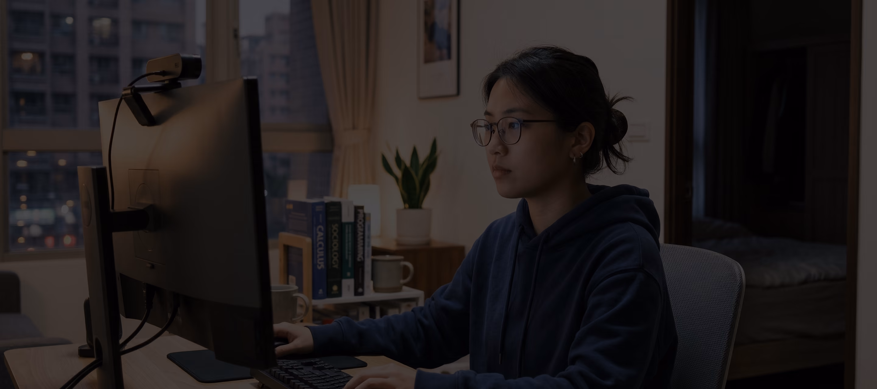Person wearing glasses and a hoodie working on a computer at a desk in a dimly lit room.