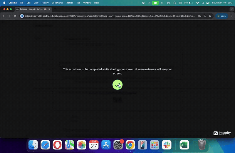 Screen sharing prompt stating activity requires sharing screen with human reviewers watching, cursor over checkmark button.