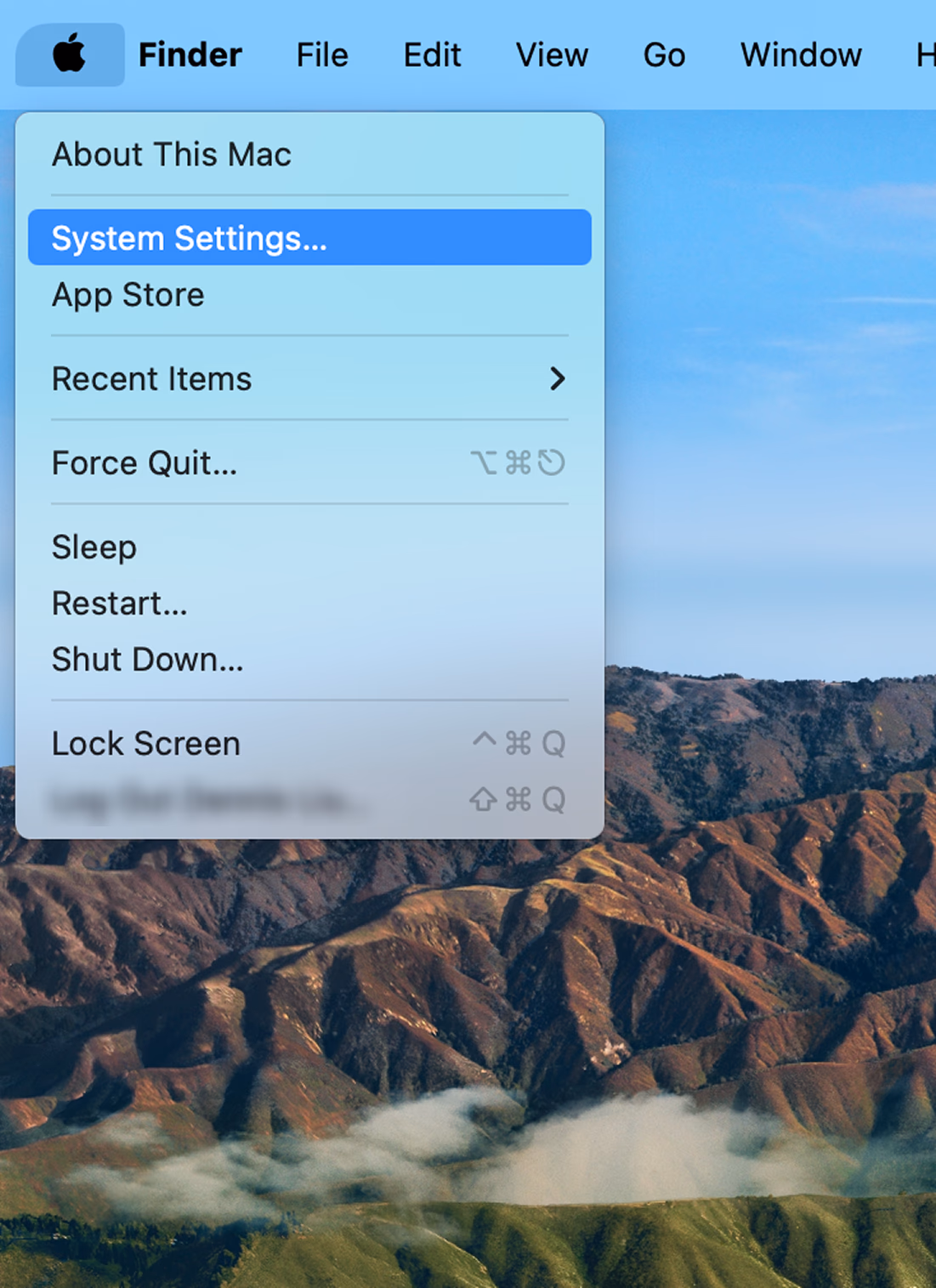 Mac menu dropdown with Apple logo showing options including System Settings, App Store, Sleep, and Lock Screen.