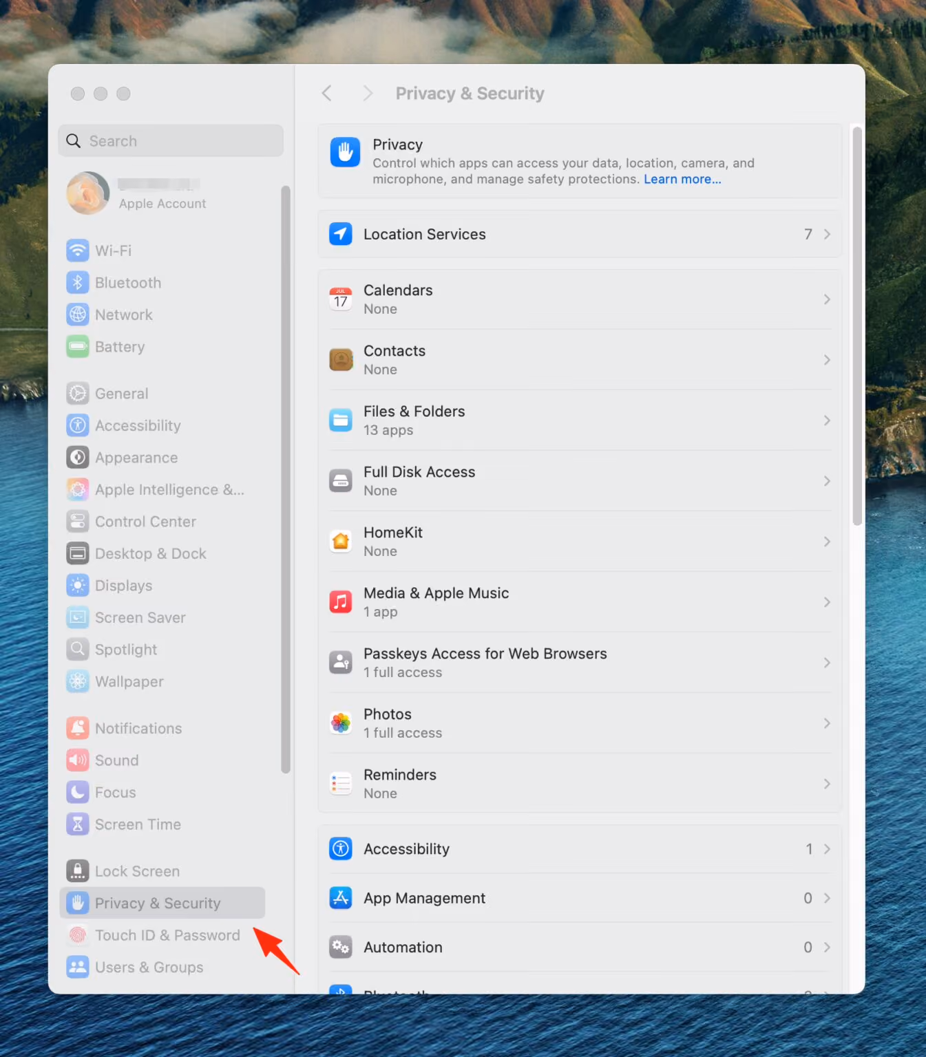 Mac Privacy & Security settings showing app permissions for location, calendars, contacts, media, and photos.