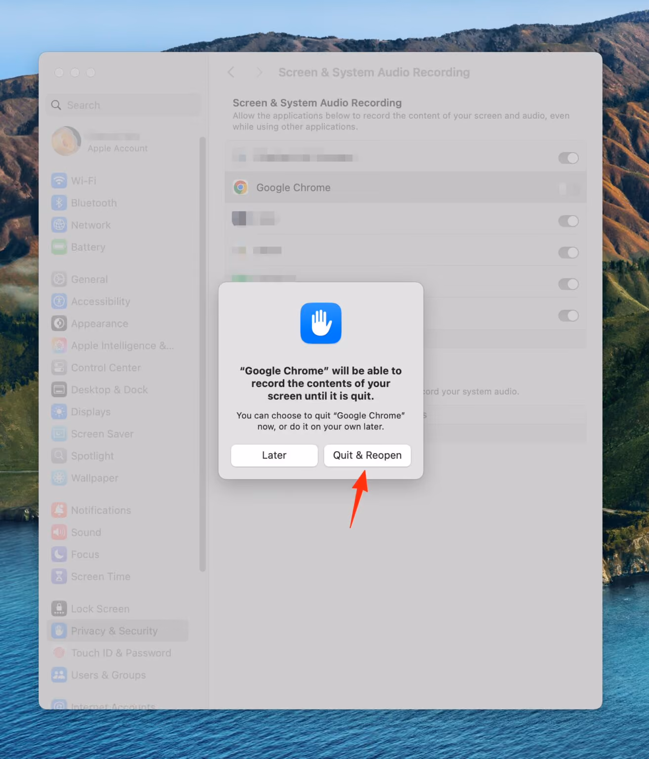 Mac privacy prompt stating Google Chrome can record screen until quit with options Later and Quit & Reopen.