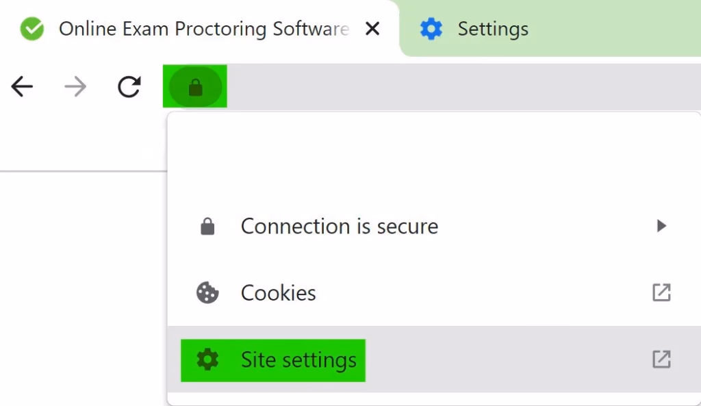 Browser showing a secure connection with lock icon and dropdown menu including Cookies and Site settings options.
