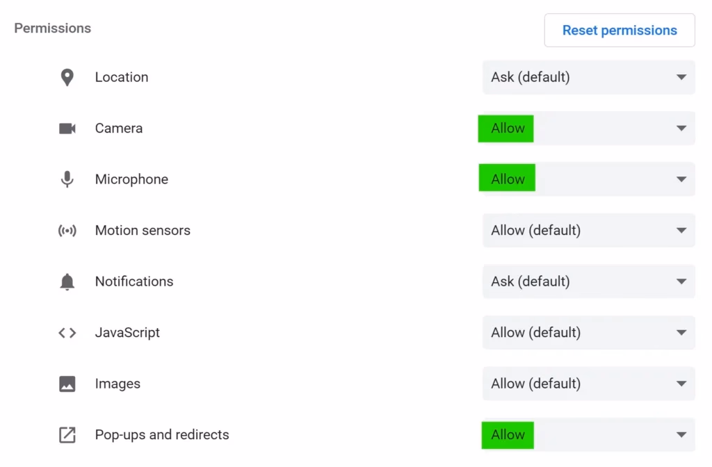 Browser permission settings showing Camera, Microphone, and Pop-ups allowed, others set to ask or default.