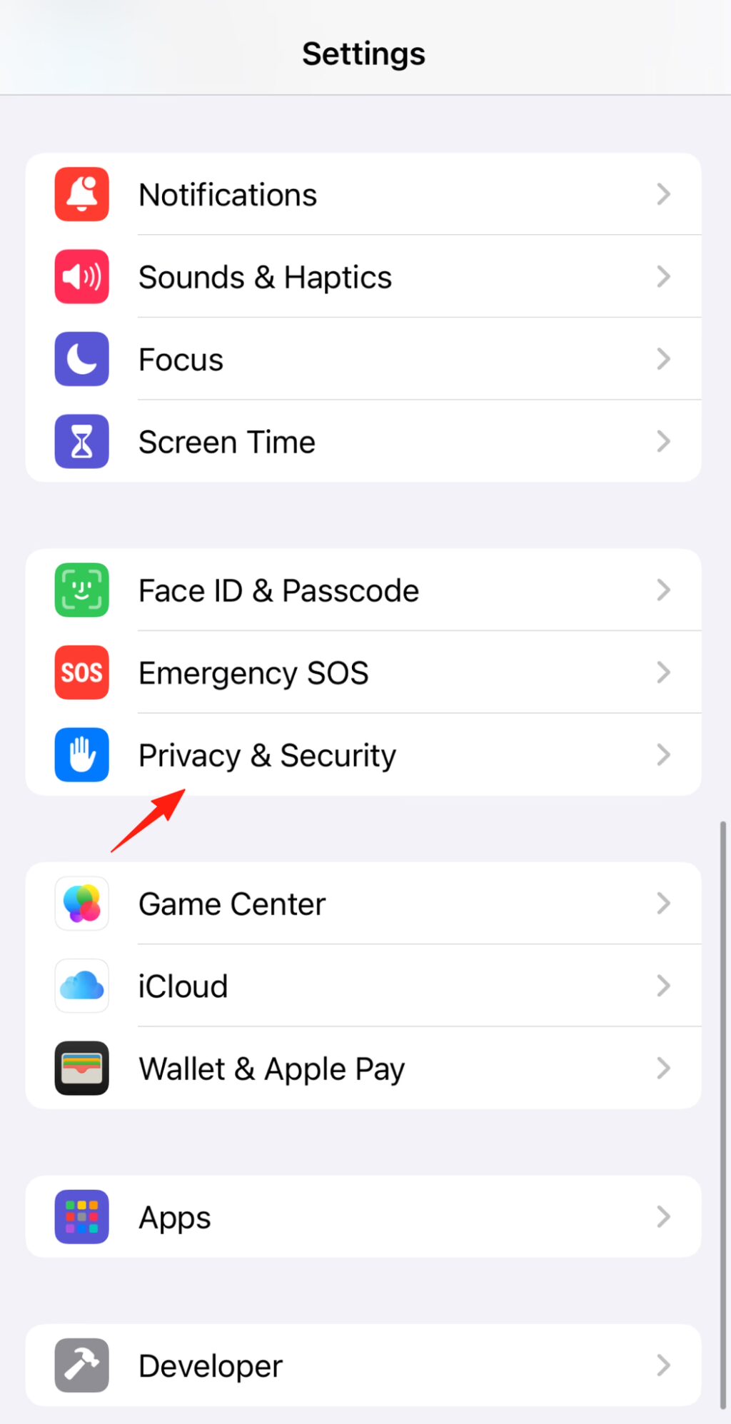 iPhone Settings menu showing options like Notifications, Sounds & Haptics, Privacy & Security highlighted by red arrow.