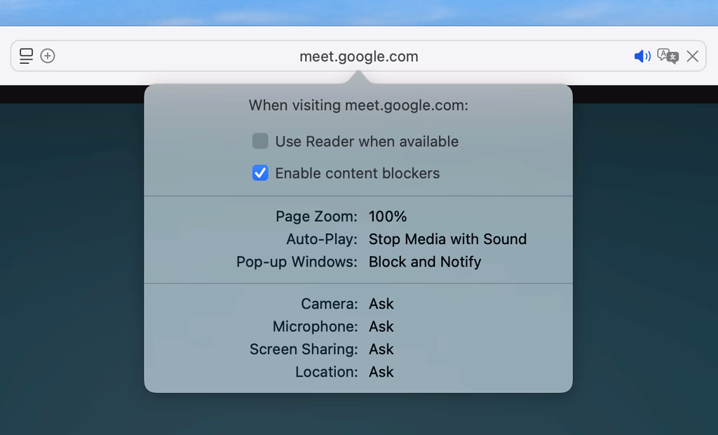 Browser settings for meet.google.com showing content blockers enabled and permissions set to ask.