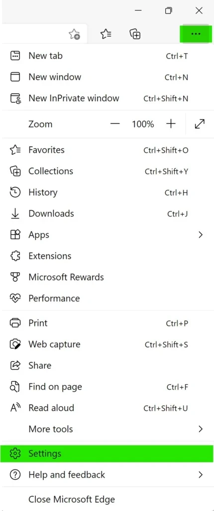Screenshot of Microsoft Edge menu with options like New tab, Zoom, Favorites, Settings, and Help.
