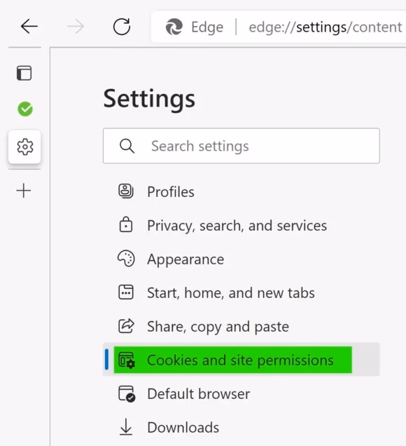 Microsoft Edge settings menu with 'Cookies and site permissions' option highlighted in green.