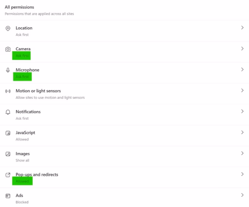 Browser permissions list showing Camera and Microphone set to 'Ask first' and Pop-ups allowed.