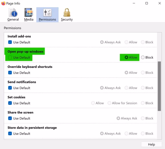 Browser permissions tab showing enabled 'Allow' for opening pop-up windows and default settings for other permissions.
