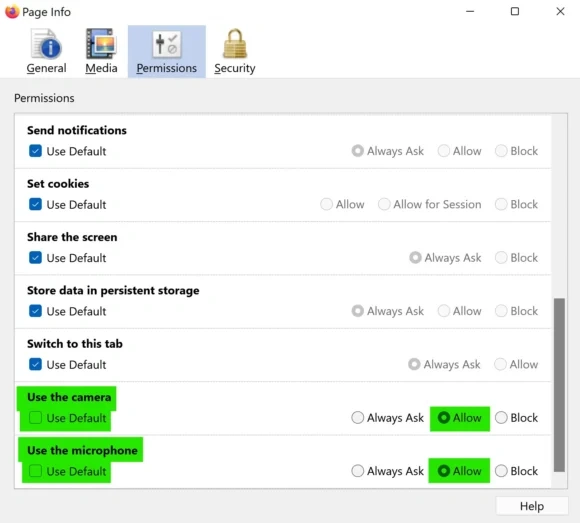 Browser permissions settings showing camera and microphone allowed, with default unchecked.