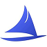 Blue abstract sailboat logo with curved sail and hull shapes.