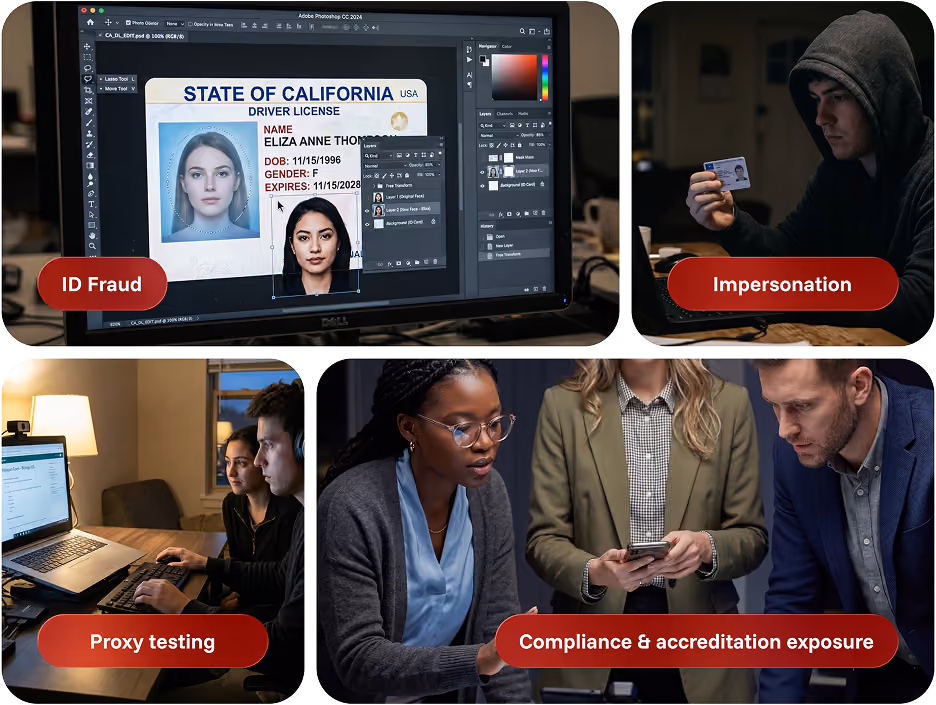 Collage of four images showing ID fraud, impersonation, proxy testing, and compliance risk scenarios.