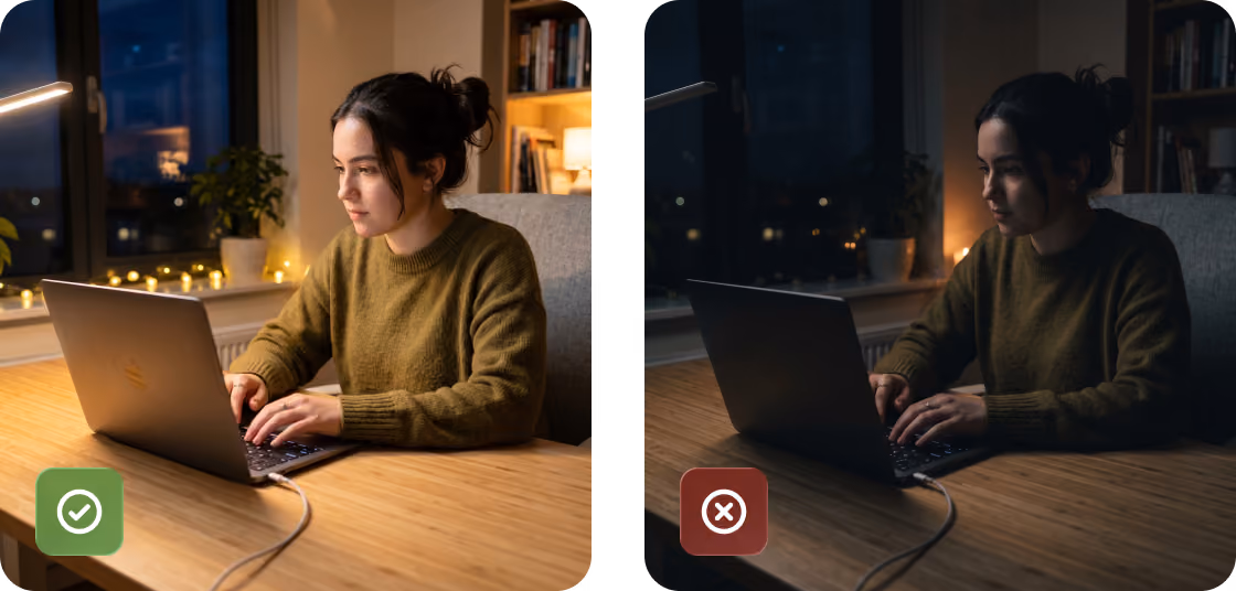 Side-by-side images of a woman using a laptop in warm light on left and dim light on right indoors.