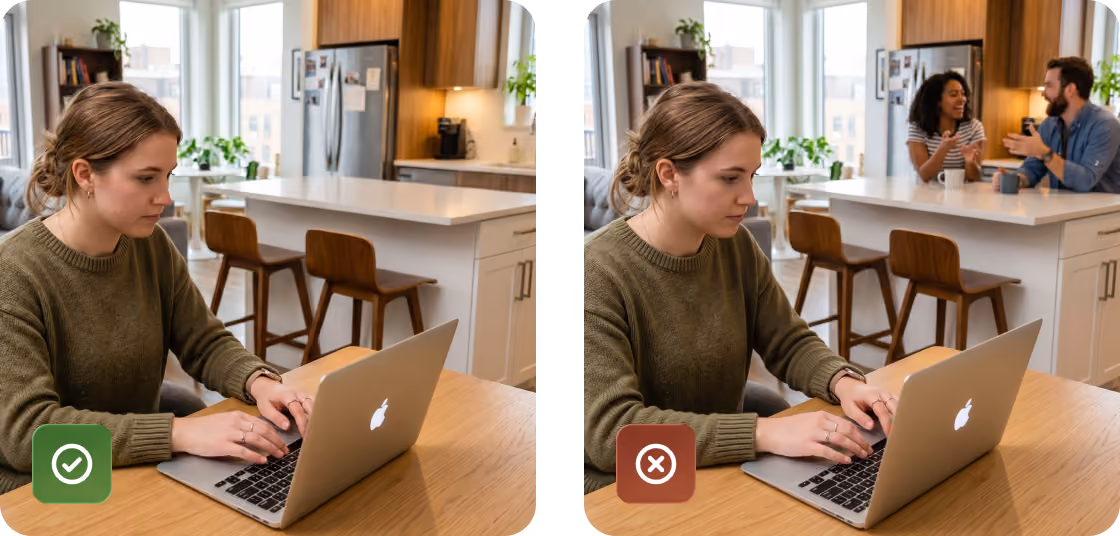 Side-by-side images of a woman working on a laptop alone versus with others talking nearby; check and cross icons.