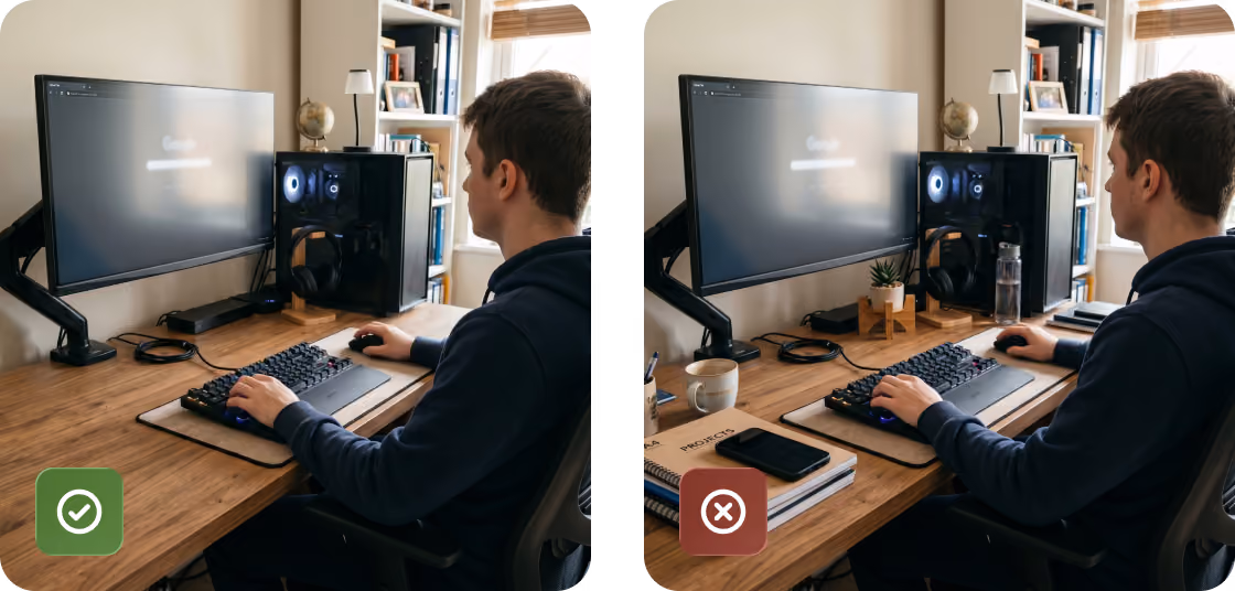 Two side-by-side images of a man at a desk: clean workspace on left with check, cluttered on right with cross.