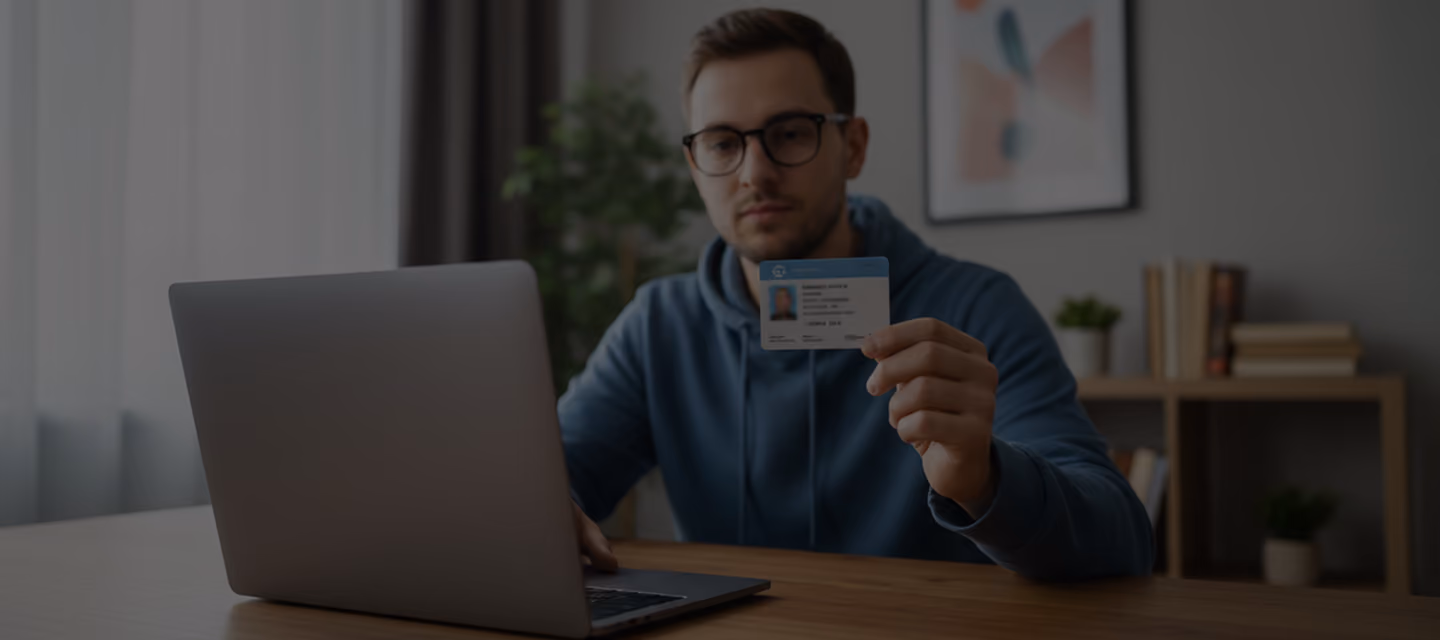 Man in glasses holding ID card in front of laptop at a wooden desk in a home office.