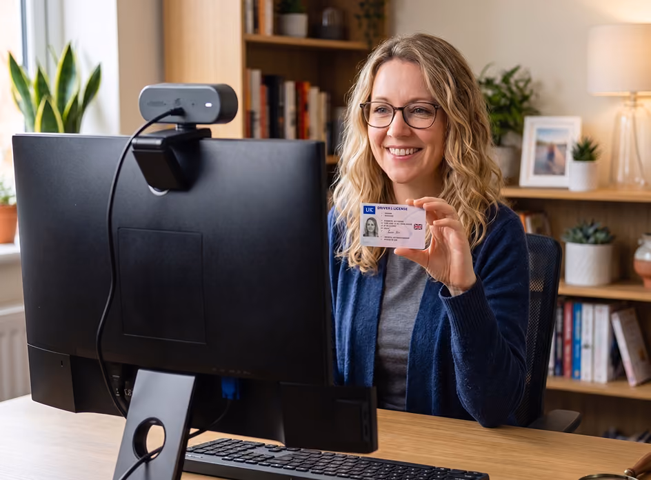 Smiling woman holding a UK driver's license in front of a computer with a webcam.