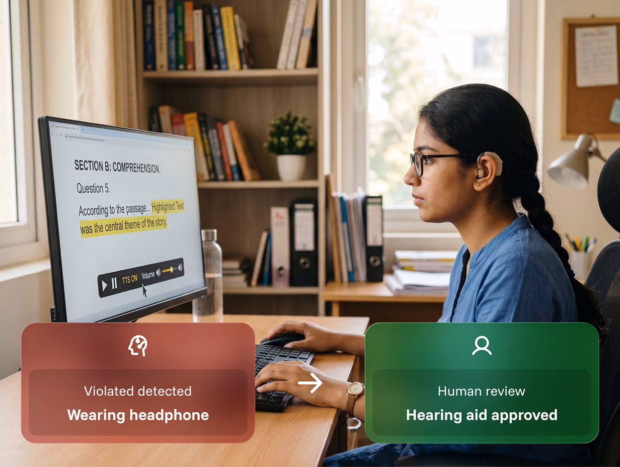 Woman with braided hair using a computer, wearing a hearing aid, not headphones, in an office setting.