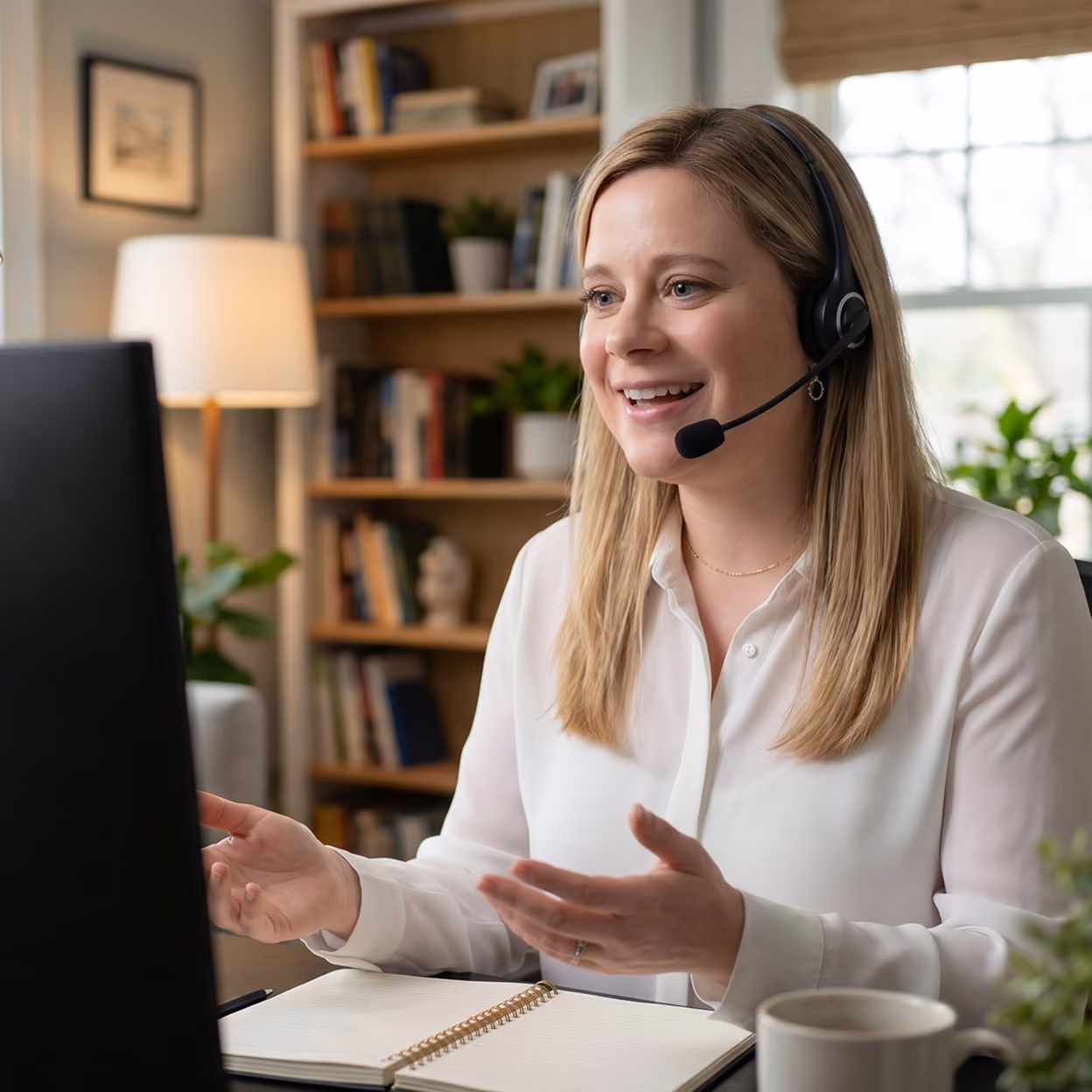 Smiling woman with headset talking at desk with open notebook, computer, and coffee cup in cozy room.